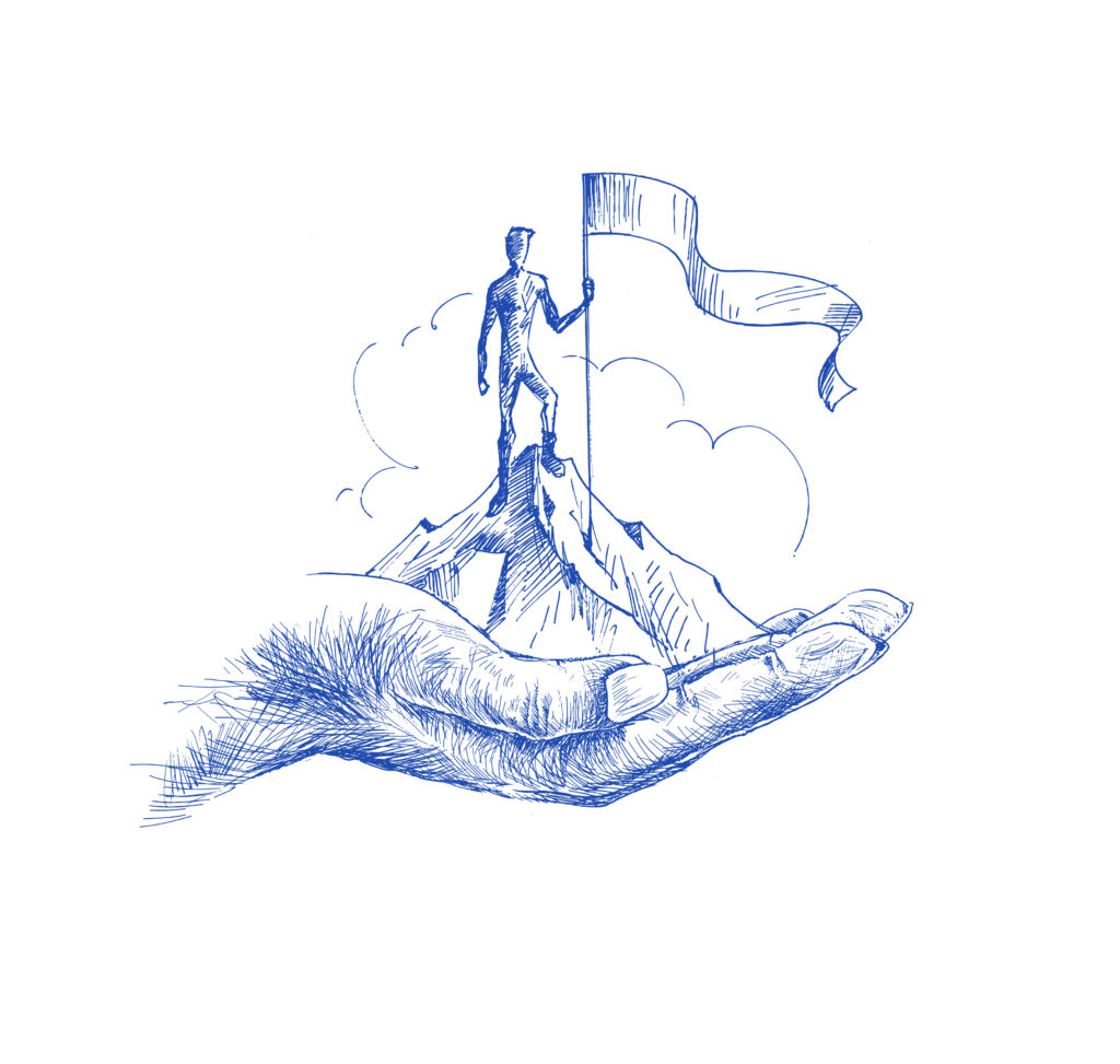 climber with flag conquering top of mountain on hand